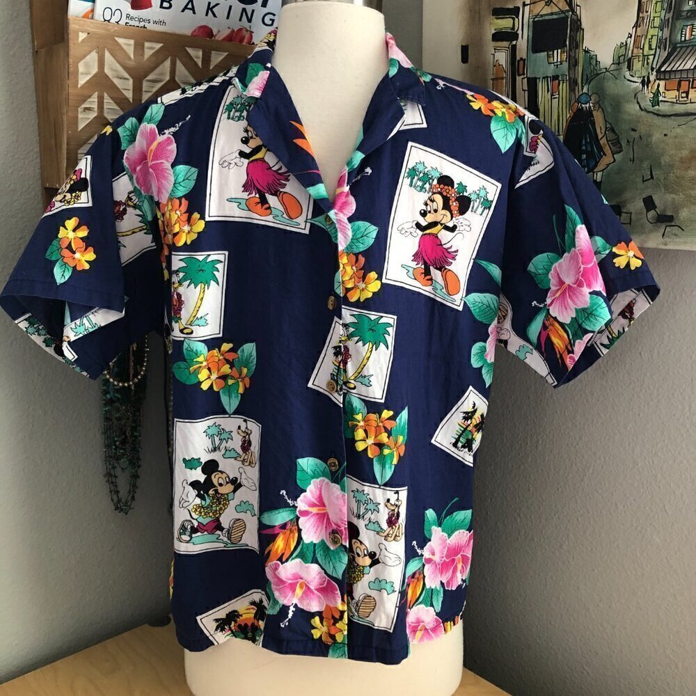 Vintage Barefoot in Paradise Disney Hawaiian Shirt Unisex size S Blue Postcards